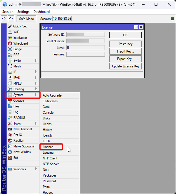 Find MikroTik Software ID in WinBox