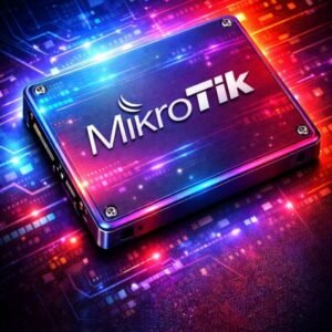Illustration of a MikroTik RouterOS license key represented as a physical device on a glowing circuit board background