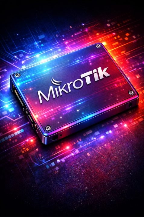 Illustration of a MikroTik RouterOS license key represented as a physical device on a glowing circuit board background